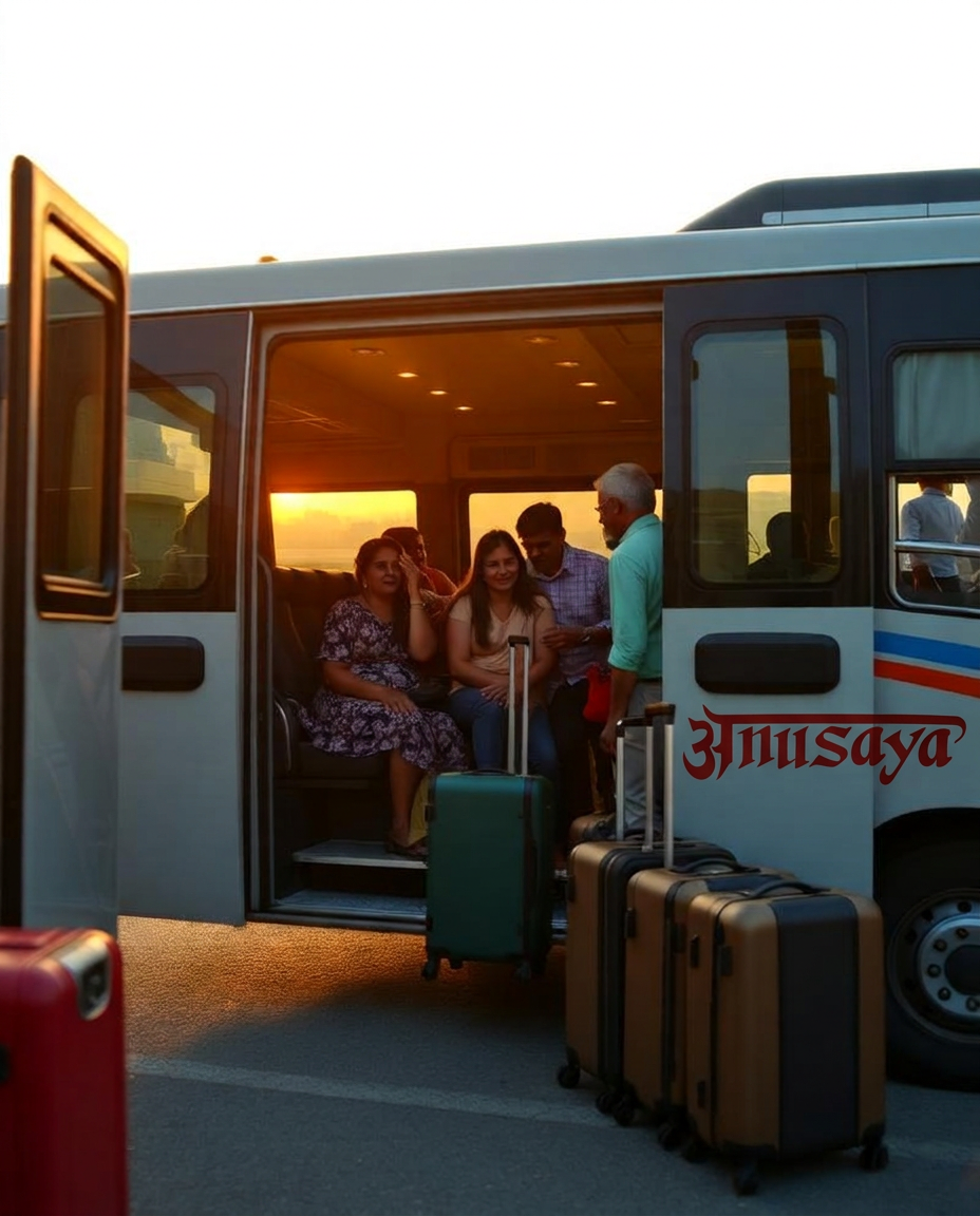 Family loading luggage into a rental bus