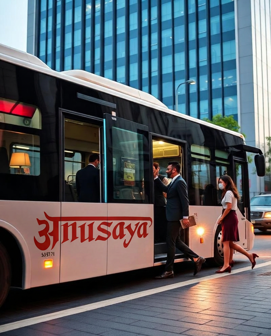 Corporate staff boarding a shuttle bus